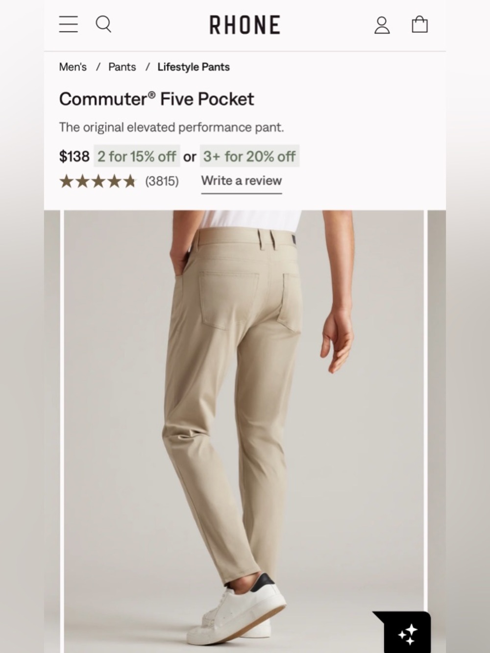 RHONE Sz 33x30 Khaki Commuter 5 Pocket Slim Straight Pants Orig$138 Exc Cond
